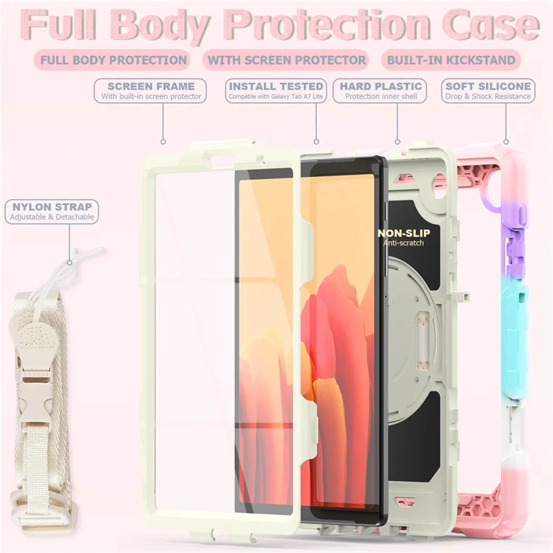 Full-Body Silicone + PC Rugged + PET Screen Protector Case with Kickstand Hand & Shoulder Strap Cover for Samsung Galaxy Tab A7 Lite 8.7-inch / SM-T220 (Wi-Fi) / SM-T225 (2021) - Pink Camo/Beige