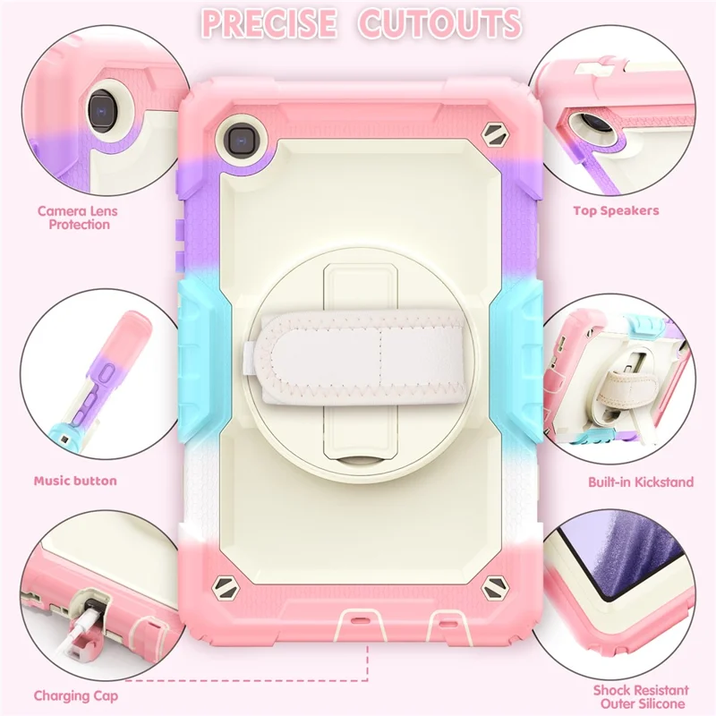 Full-Body Silicone + PC Rugged + PET Screen Protector Case with Kickstand Hand & Shoulder Strap Cover for Samsung Galaxy Tab A7 Lite 8.7-inch / SM-T220 (Wi-Fi) / SM-T225 (2021) - Pink Camo/Beige