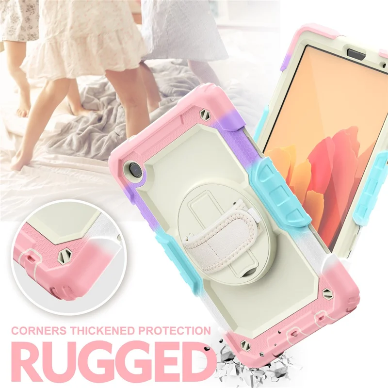 Silicone Complet Silicone + PC Robust + PET Screen Protector Case Avec Kickstand La Main & Couverture À Bandoulière Pour Samsung Galaxy Tab A7 Lite 8,7 Pouces / SM-T220 (Wi-Fi) / SM-T225 (2021) - Camo Rose / Beige