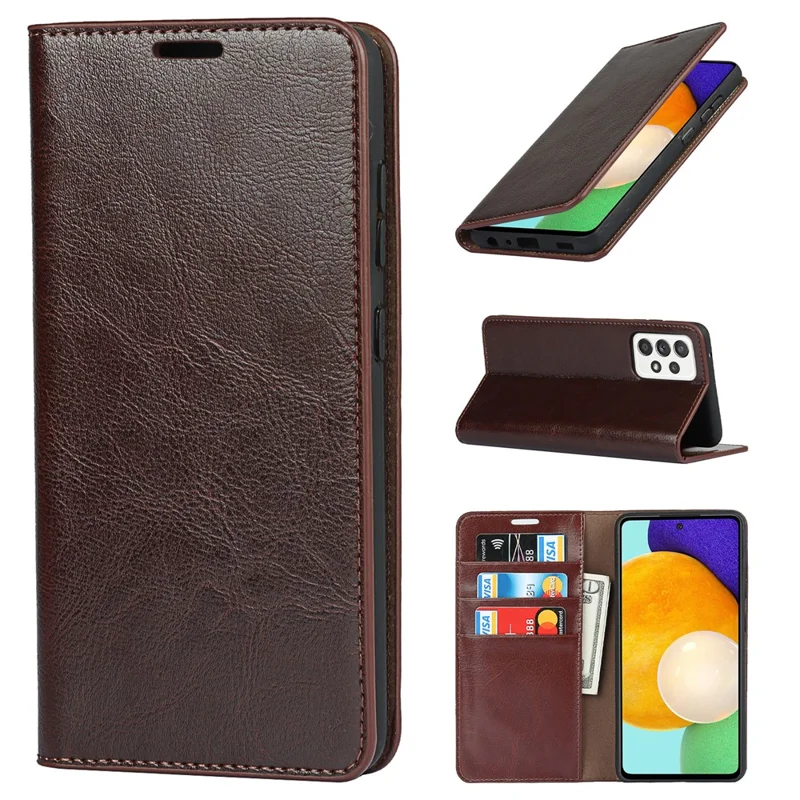 Crazy Horse Skin Genuine Leather Wallet Phone Case with Stand for Samsung Galaxy A52 4G/5G / A52s 5G - Coffee