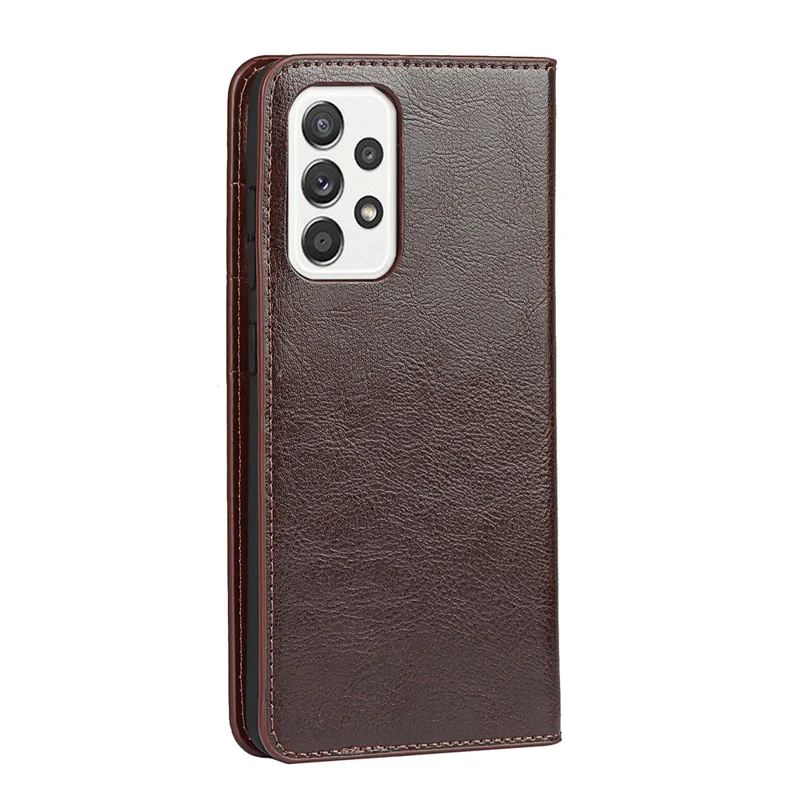 Crazy Horse Skin Genuine Leather Wallet Phone Case with Stand for Samsung Galaxy A52 4G/5G / A52s 5G - Coffee