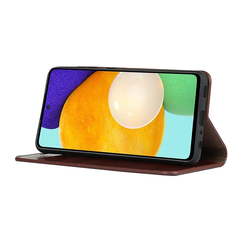 Crazy Horse Skin Genuine Leather Wallet Phone Case with Stand for Samsung Galaxy A52 4G/5G / A52s 5G - Coffee