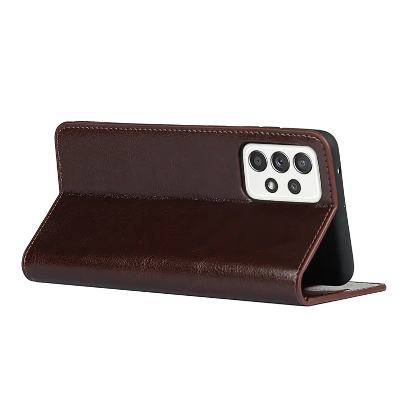 Crazy Horse Skin Genuine Leather Wallet Phone Case with Stand for Samsung Galaxy A52 4G/5G / A52s 5G - Coffee