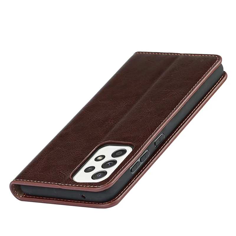 Crazy Horse Skin Genuine Leather Wallet Phone Case with Stand for Samsung Galaxy A52 4G/5G / A52s 5G - Coffee
