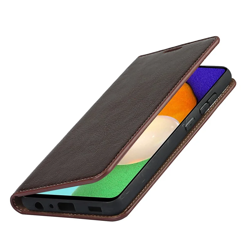 Crazy Horse Skin Genuine Leather Wallet Phone Case with Stand for Samsung Galaxy A52 4G/5G / A52s 5G - Coffee
