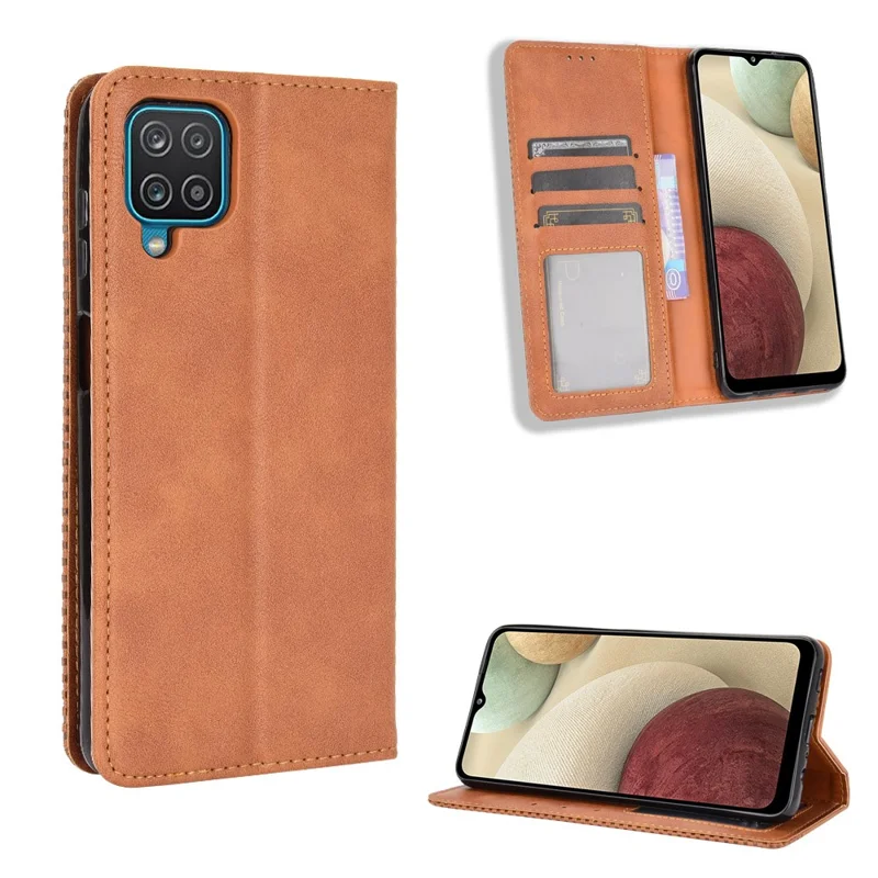 Étui de téléphone porte-carte en cuir style rétro avec fermeture magnétique pour Samsung Galaxy M32 (version mondiale) - Marron