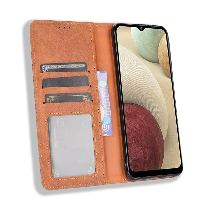 Étui de téléphone porte-carte en cuir style rétro avec fermeture magnétique pour Samsung Galaxy M32 (version mondiale) - Marron