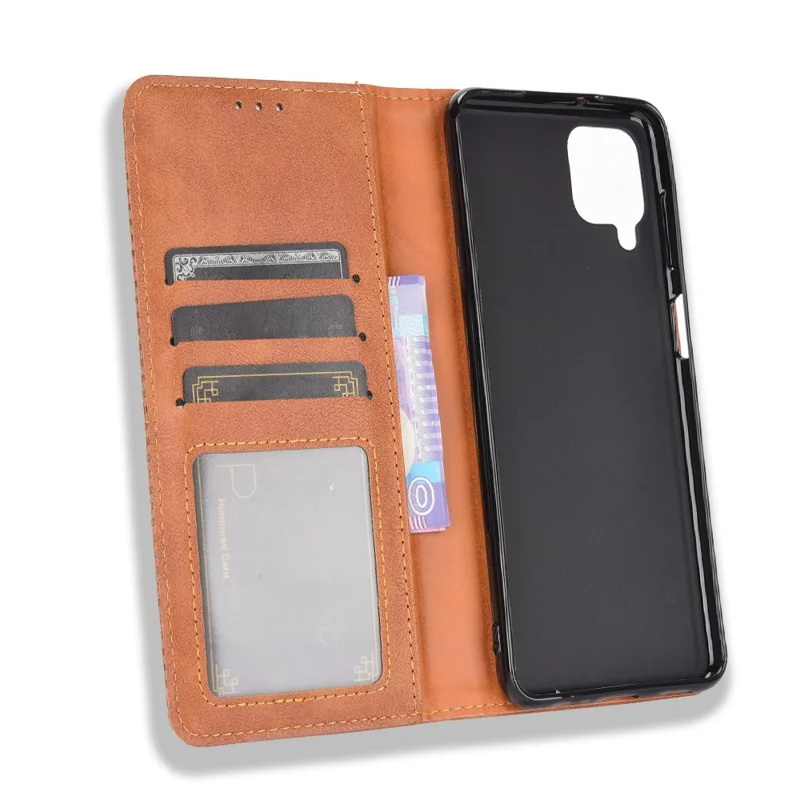 Étui de téléphone porte-carte en cuir style rétro avec fermeture magnétique pour Samsung Galaxy M32 (version mondiale) - Marron