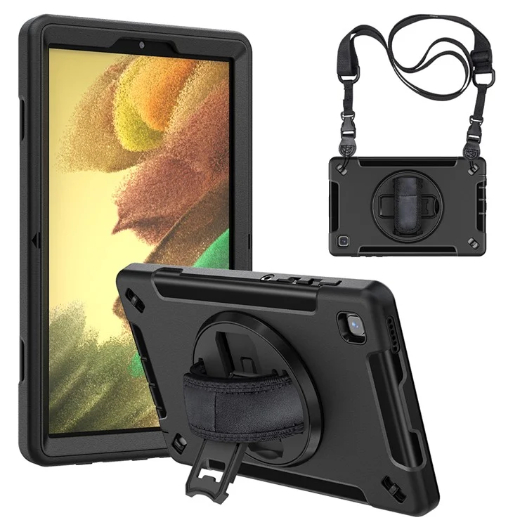 Diseño de Triple Capa PC Dura + TPU Caso Protector a Prueba de Choques Con Soporte Rotativo y Correa de Hombro Carga de Lápiz Para Samsung Galaxy Tab A7 Lite 8.7 Pulgadas / SM-T220 (Wi-Fi) / SM-T225 (2021) - Negro