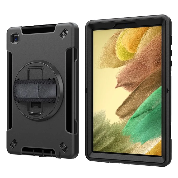 Diseño de Triple Capa PC Dura + TPU Caso Protector a Prueba de Choques Con Soporte Rotativo y Correa de Hombro Carga de Lápiz Para Samsung Galaxy Tab A7 Lite 8.7 Pulgadas / SM-T220 (Wi-Fi) / SM-T225 (2021) - Negro