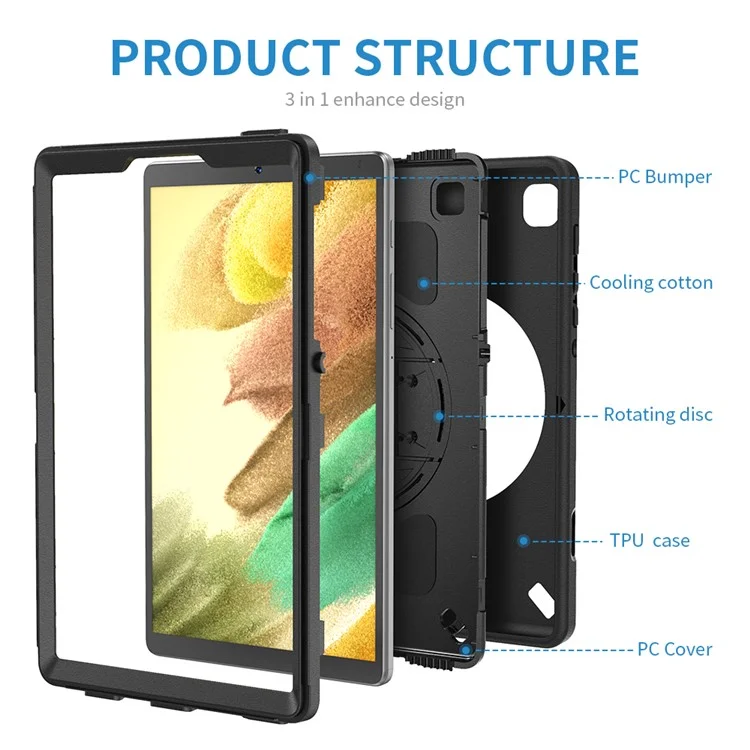 Triple Layer Design Hard PC + TPU Shockproof Protective Case with Rotatable Kickstand and Shoulder Strap Support Pencil Charging for Samsung Galaxy Tab A7 Lite 8.7-inch / SM-T220 (Wi-Fi) / SM-T225 (2021) - Black