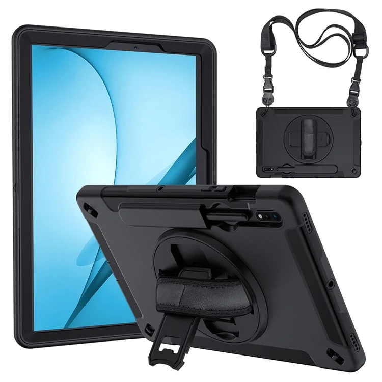 PC + TPU Full-Body Rugged Back Cover 360 Degree Rotating Kickstand Shell with Shoulder Strap and Pencil Slot for Samsung Galaxy Tab S7 FE 12.4-inch - Black