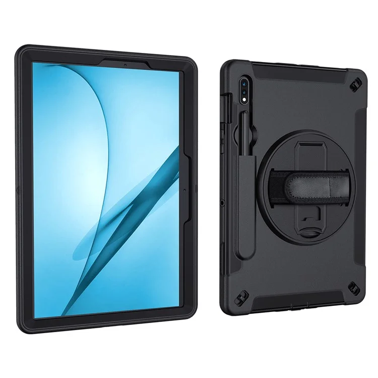 PC + TPU Tampa Traseira de Corpo Inteiro de 360 ​​graus de Kickstand Giration Com Alça de Ombro e Slot Para Lápis Para Samsung Galaxy Tab S7 fe 12,4 Polegadas - Preto