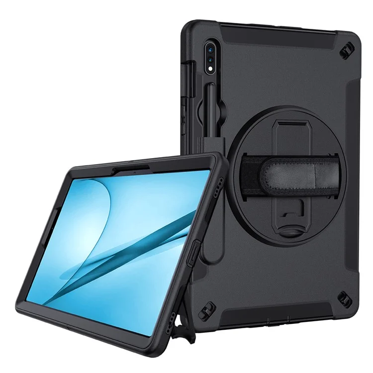 PC + TPU Tampa Traseira de Corpo Inteiro de 360 ​​graus de Kickstand Giration Com Alça de Ombro e Slot Para Lápis Para Samsung Galaxy Tab S7 fe 12,4 Polegadas - Preto