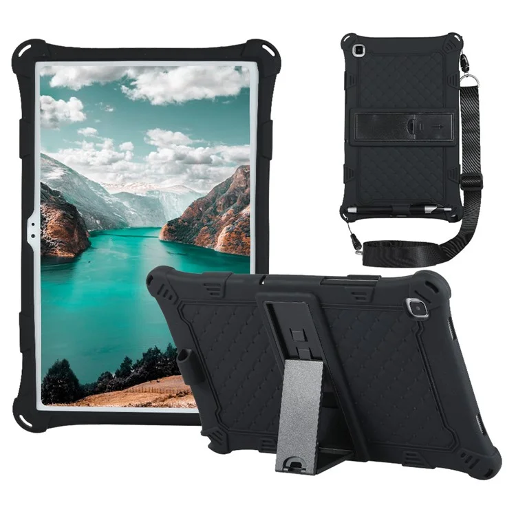 Well-Protected PC + Silicone Hybrid Tablet Cover Kickstand Case with Lanyard for Samsung Galaxy Tab A7 10.4 (2022) / (2020) - Black