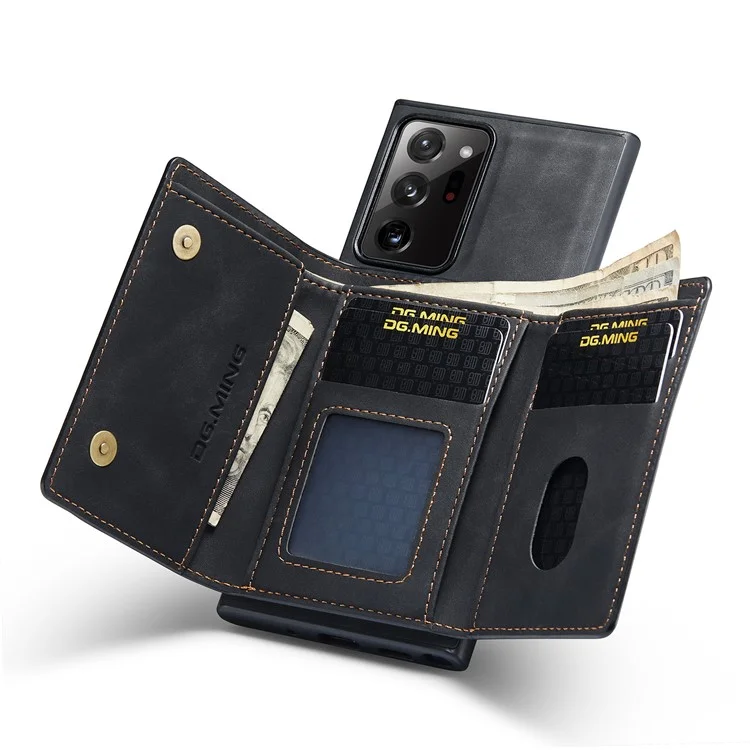 DG.MING M1 Series Kickstand Design PU Leather Coated TPU + PC Phone Case with Detachable Magnetic Wallet for Samsung Galaxy Note20 Ultra/Note20 Ultra 5G - Black