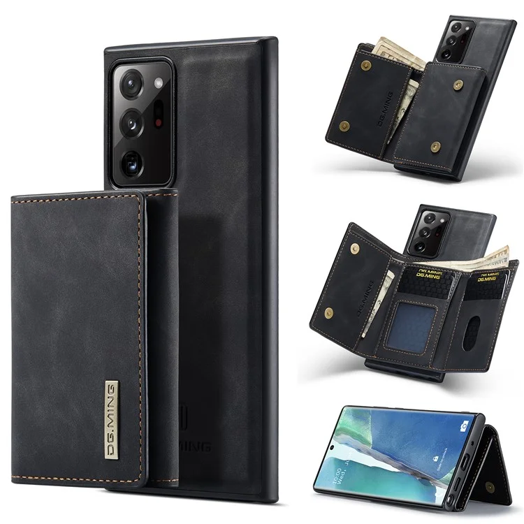 DG.MING M1 Series Kickstand Design PU Leather Coated TPU + PC Phone Case with Detachable Magnetic Wallet for Samsung Galaxy Note20 Ultra/Note20 Ultra 5G - Black
