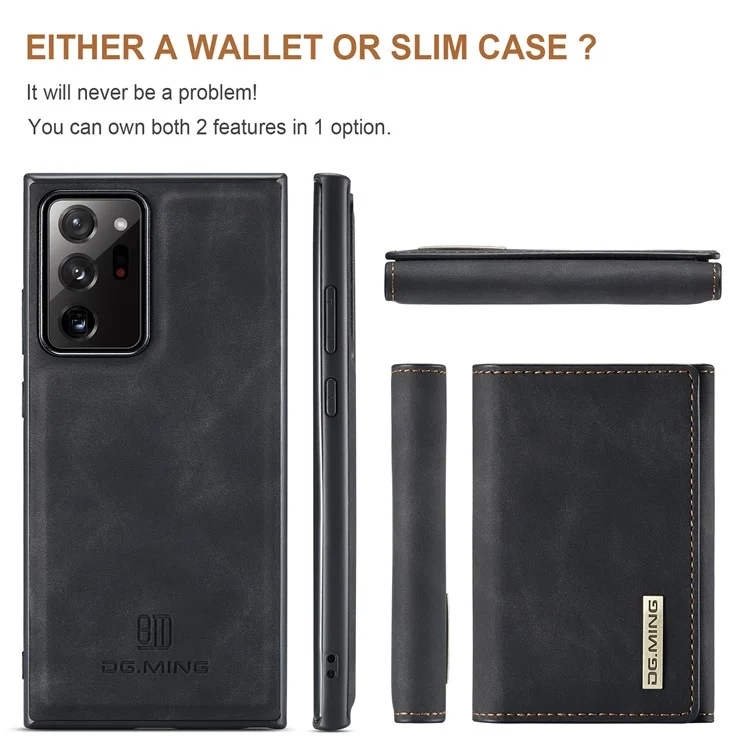 DG.MING M1 Series Kickstand Design PU Leather Coated TPU + PC Phone Case with Detachable Magnetic Wallet for Samsung Galaxy Note20 Ultra/Note20 Ultra 5G - Black