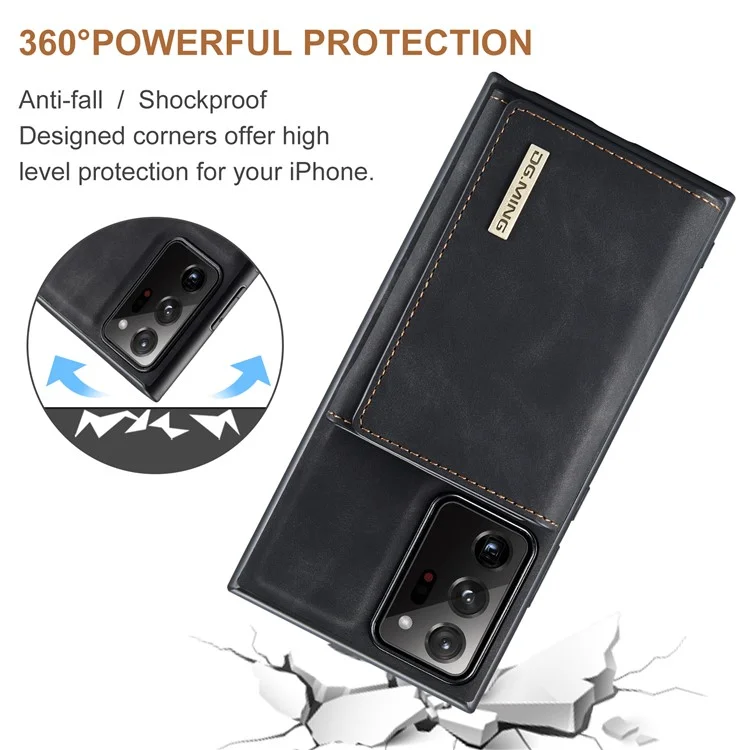 DG.MING M1 Series Kickstand Design PU Leather Coated TPU + PC Phone Case with Detachable Magnetic Wallet for Samsung Galaxy Note20 Ultra/Note20 Ultra 5G - Black