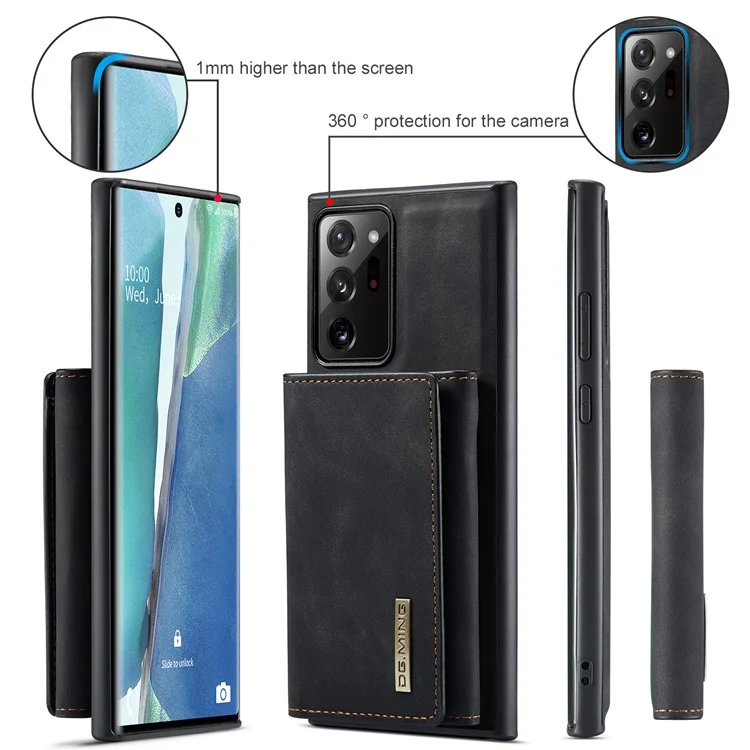 DG.MING M1 Series Kickstand Design PU Leather Coated TPU + PC Phone Case with Detachable Magnetic Wallet for Samsung Galaxy Note20 Ultra/Note20 Ultra 5G - Black