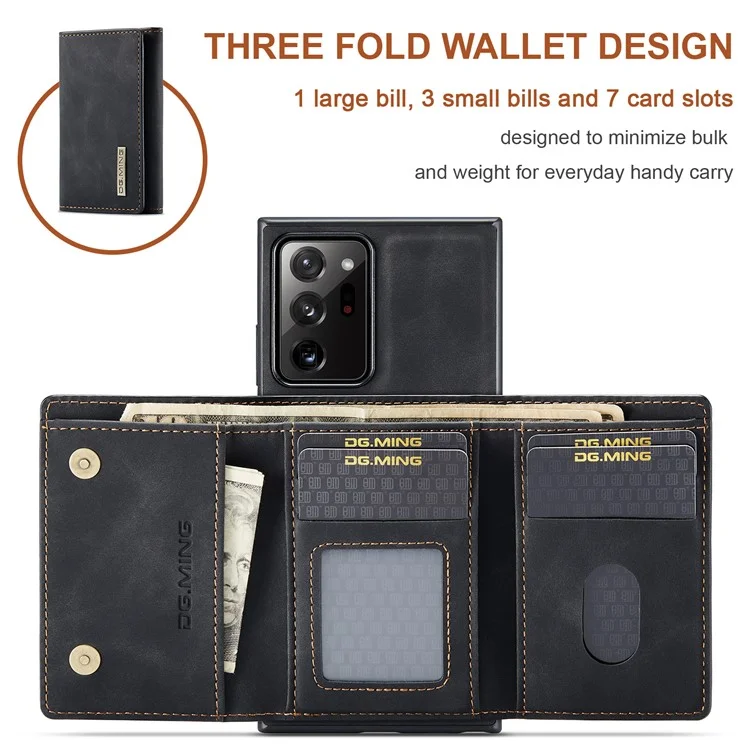 DG.MING M1 Series Kickstand Design PU Leather Coated TPU + PC Phone Case with Detachable Magnetic Wallet for Samsung Galaxy Note20 Ultra/Note20 Ultra 5G - Black