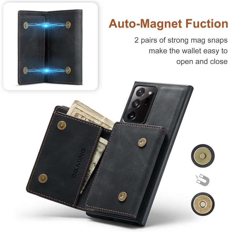 DG.MING M1 Series Kickstand Design PU Leather Coated TPU + PC Phone Case with Detachable Magnetic Wallet for Samsung Galaxy Note20 Ultra/Note20 Ultra 5G - Black