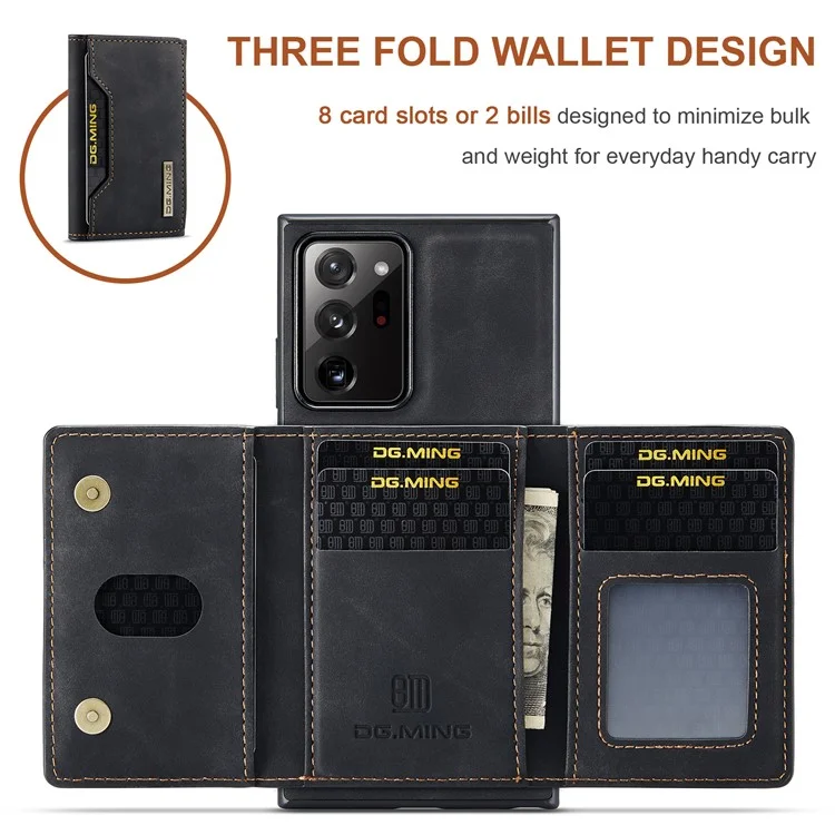 Дг. Ming M2 Series Magnetic Tri-tream Wallet Kickstend Кожаный Чехол Для Samsung Galaxy Note20 Ultra/Note20 Ultra 5G - Черный