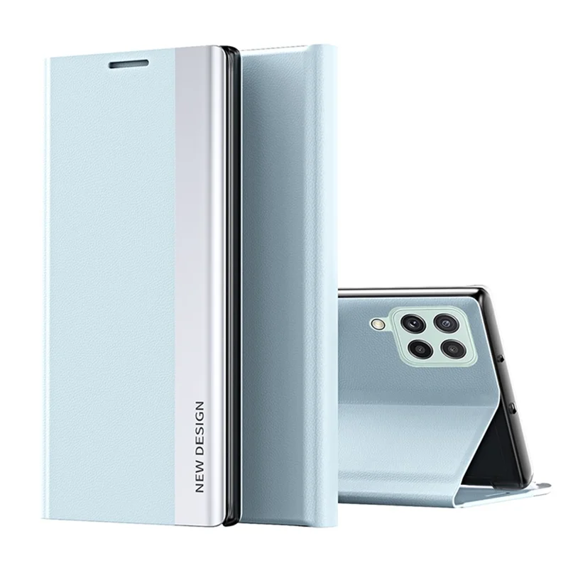 Fall Proof Stand Design PU Leather Phone Case Shell for Samsung Galaxy A12 - Baby Blue