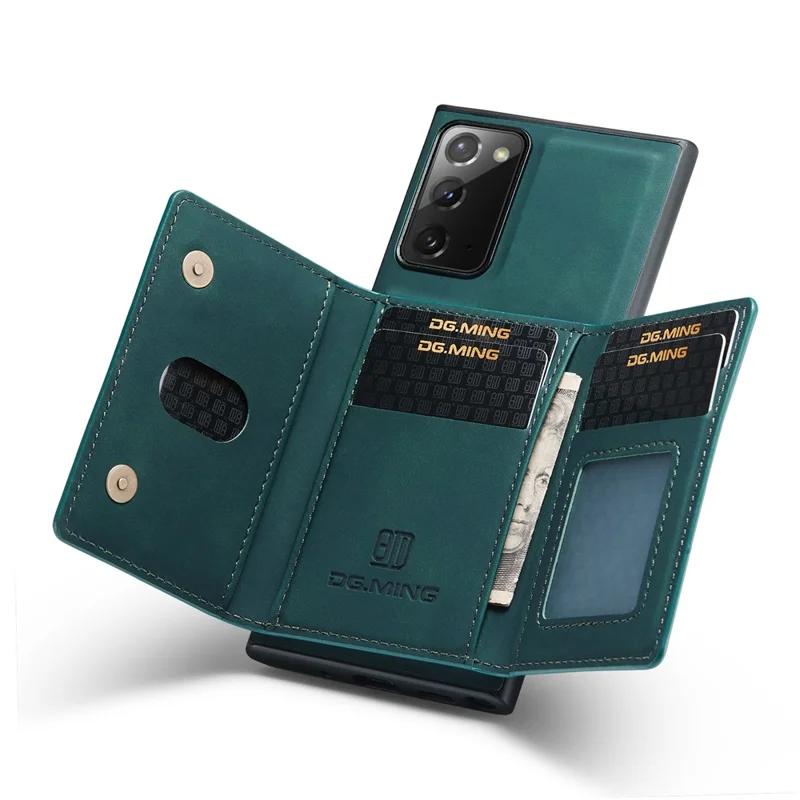 DG.MING M2 Series Tri-fold Wallet Magnetic Kickstand Design Leather Case for Samsung Galaxy Note20 4G/5G - Green