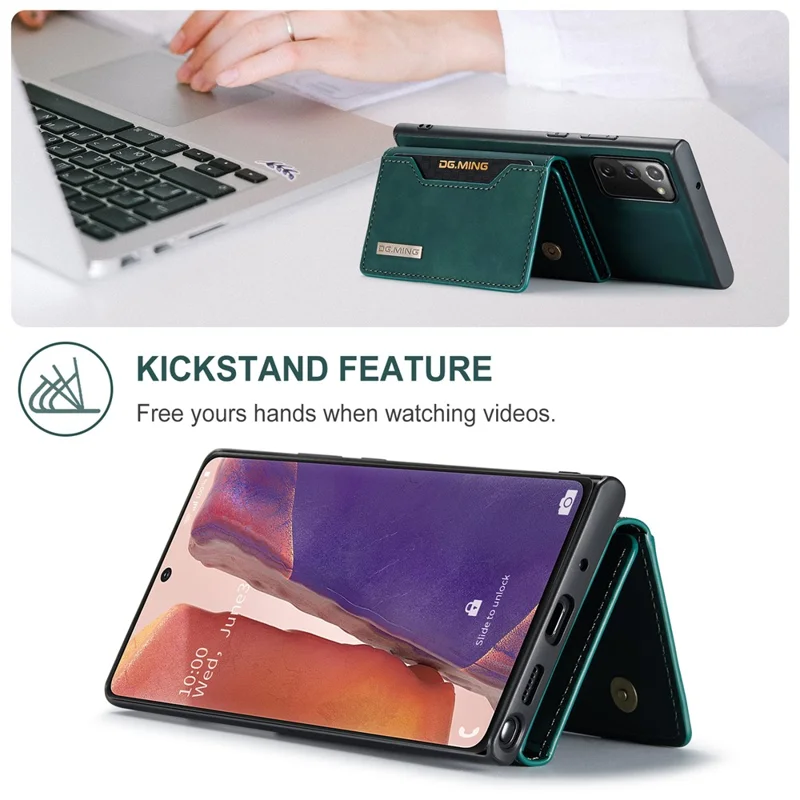 DG.MING M2 Series Tri-fold Wallet Magnetic Kickstand Design Leather Case for Samsung Galaxy Note20 4G/5G - Green