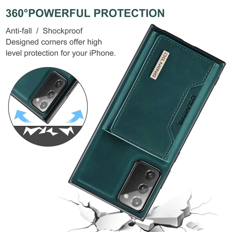 DG.MING M2 Series Tri-fold Wallet Magnetic Kickstand Design Leather Case for Samsung Galaxy Note20 4G/5G - Green