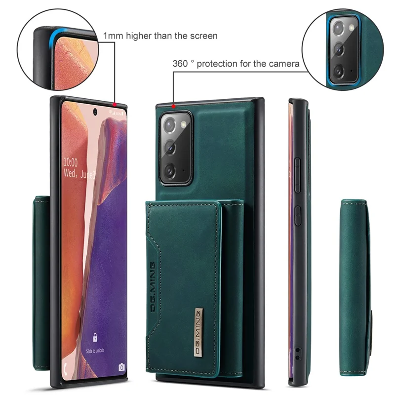 DG.MING M2 Series Tri-fold Wallet Magnetic Kickstand Design Leather Case for Samsung Galaxy Note20 4G/5G - Green