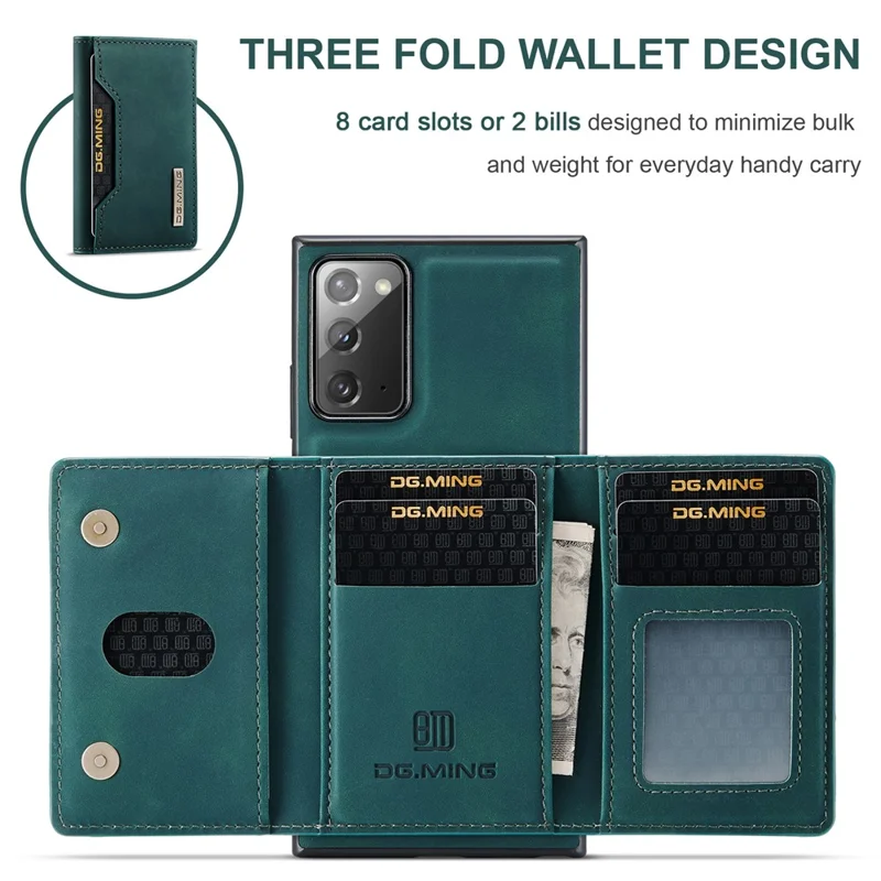 DG.MING M2 Series Tri-fold Wallet Magnetic Kickstand Design Leather Case for Samsung Galaxy Note20 4G/5G - Green