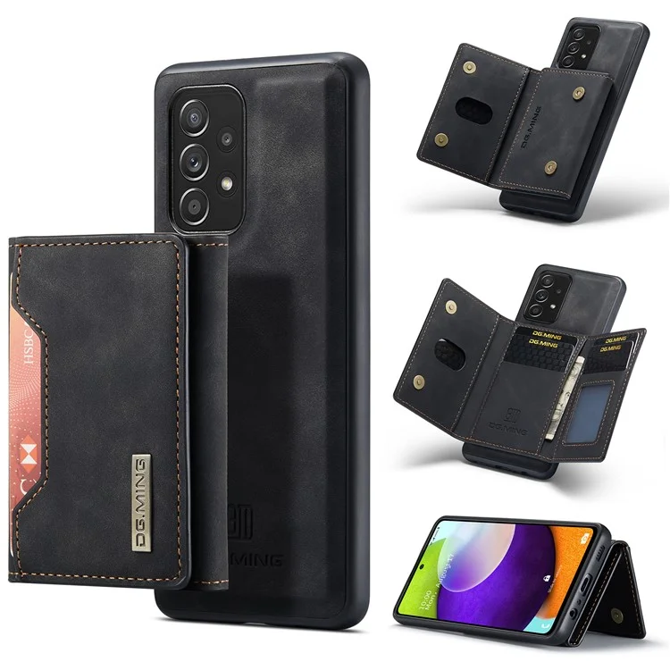 Dg. Ming M2 Series Anti-fall Tri-fold Wallet Magnetic Kickstand Case in Pelle Per Samsung Galaxy A52 4G/5G / A52s 5G - Nero