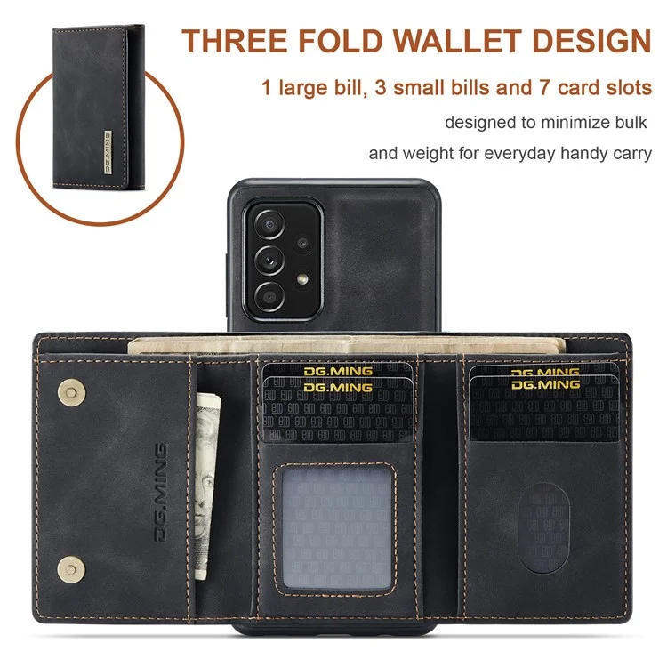 DG.MING M1 Series Anti-fall Kickstand Design Phone Case with Detachable Magnetic Wallet for Samsung Galaxy A52 4G/5G / A52s 5G - Black