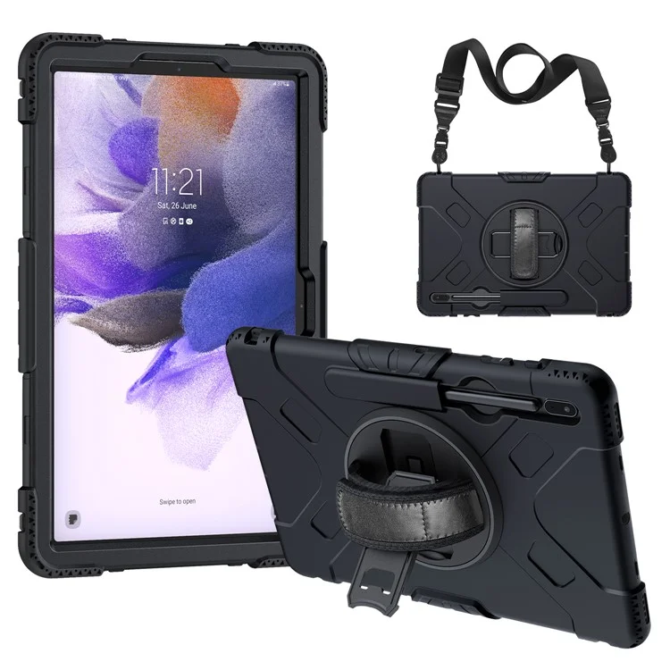 Hybrid Shockproof Rugged Drop Protection Cover with Pen Holder Hand Strap Shoulder Strap for Samsung Galaxy Tab S7 FE - Black