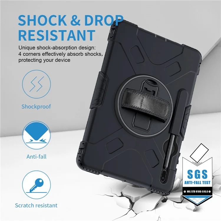 Hybrid Shockproof Rugged Drop Protection Cover with Pen Holder Hand Strap Shoulder Strap for Samsung Galaxy Tab S7 FE - Black