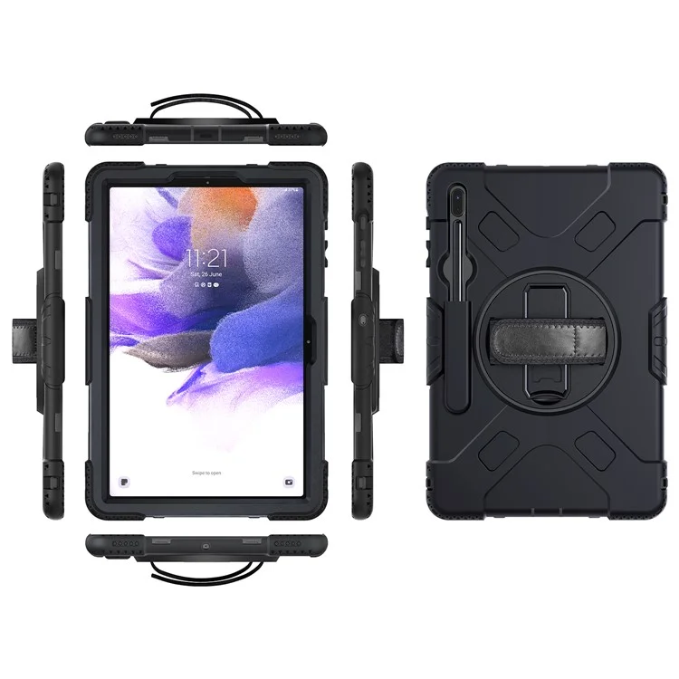 Hybrid Shockproof Rugged Drop Protection Cover with Pen Holder Hand Strap Shoulder Strap for Samsung Galaxy Tab S7 FE - Black