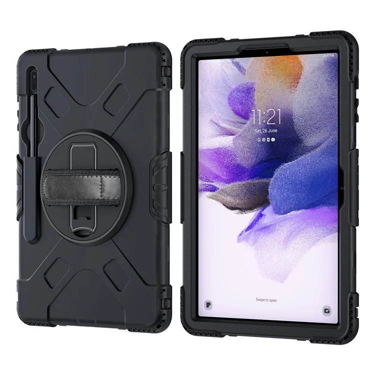 Hybrid Shockproof Rugged Drop Protection Cover with Pen Holder Hand Strap Shoulder Strap for Samsung Galaxy Tab S7 FE - Black