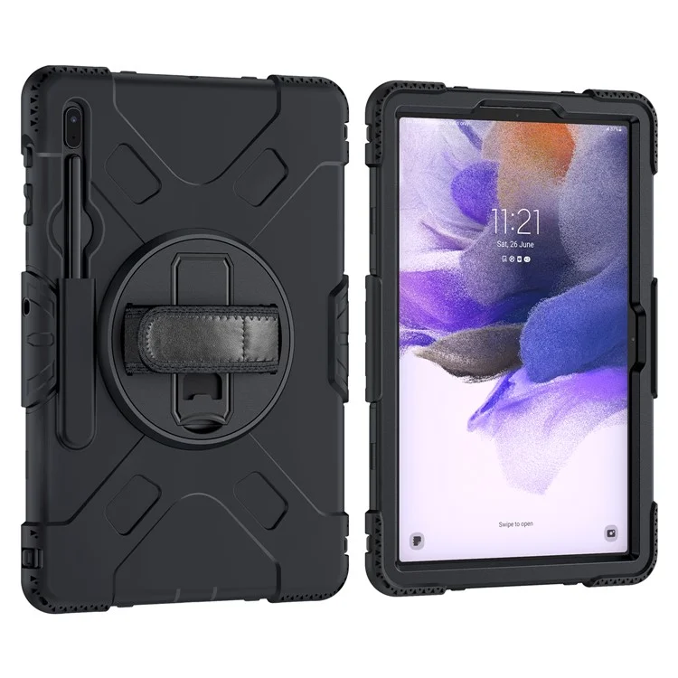 Hybrid Shockproof Rugged Drop Protection Cover with Pen Holder Hand Strap Shoulder Strap for Samsung Galaxy Tab S7 FE - Black