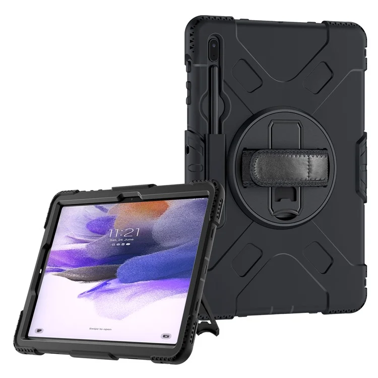 Hybrid Shockproof Rugged Drop Protection Cover with Pen Holder Hand Strap Shoulder Strap for Samsung Galaxy Tab S7 FE - Black