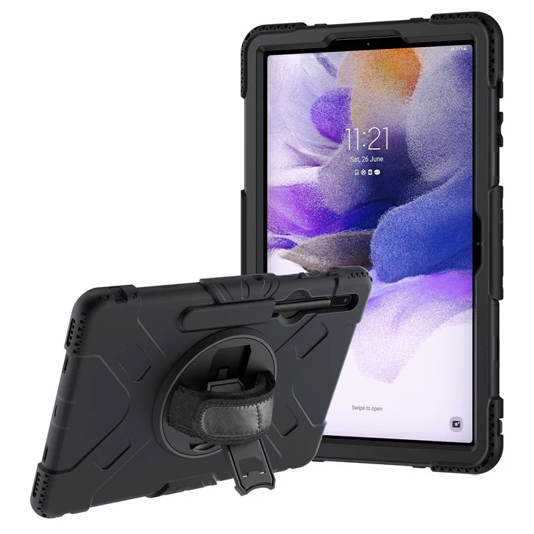 Hybrid Shockproof Rugged Drop Protection Cover with Pen Holder Hand Strap Shoulder Strap for Samsung Galaxy Tab S7 FE - Black