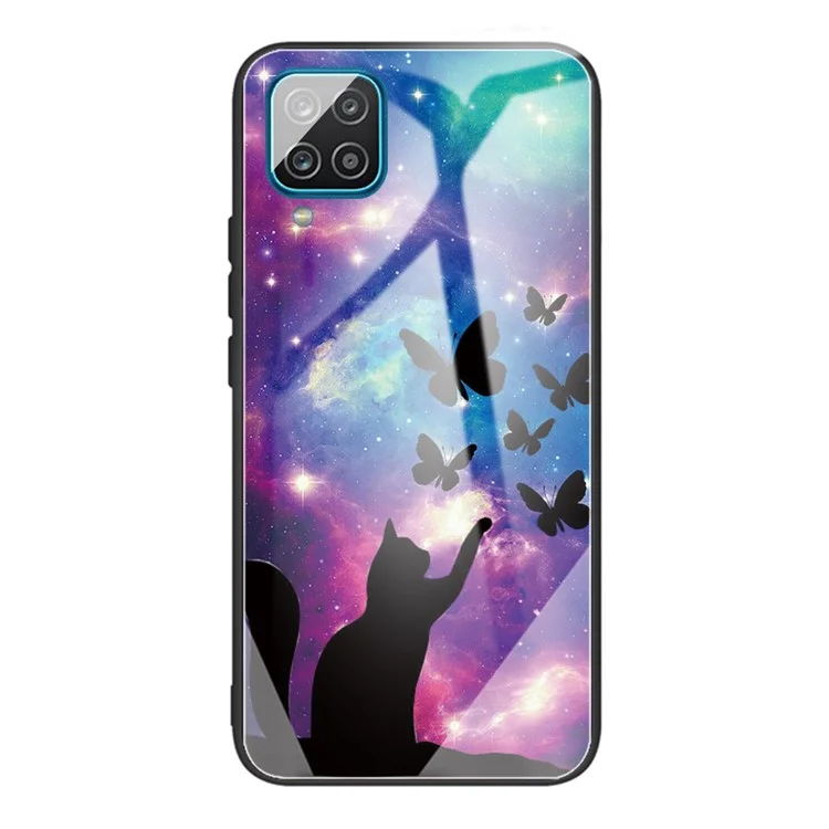 Anti-Scratch Pattern Printing Tempered Glass Back Cover + TPU Frame Hybrid Shell Slim Case for Samsung Galaxy A12 - Cat and Butterflies