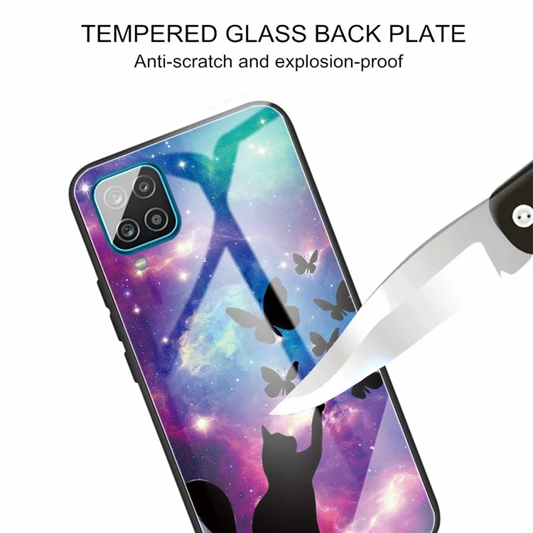 Anti-Scratch Pattern Printing Tempered Glass Back Cover + TPU Frame Hybrid Shell Slim Case for Samsung Galaxy A12 - Cat and Butterflies