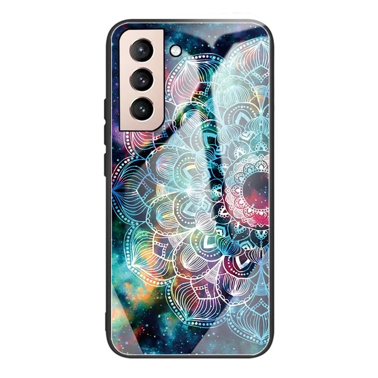 Shock Absorption Pattern Printing Tempered Glass Back + Side with Flexible Soft TPU Protection Cover for Samsung Galaxy S21 FE - Mandala Flower