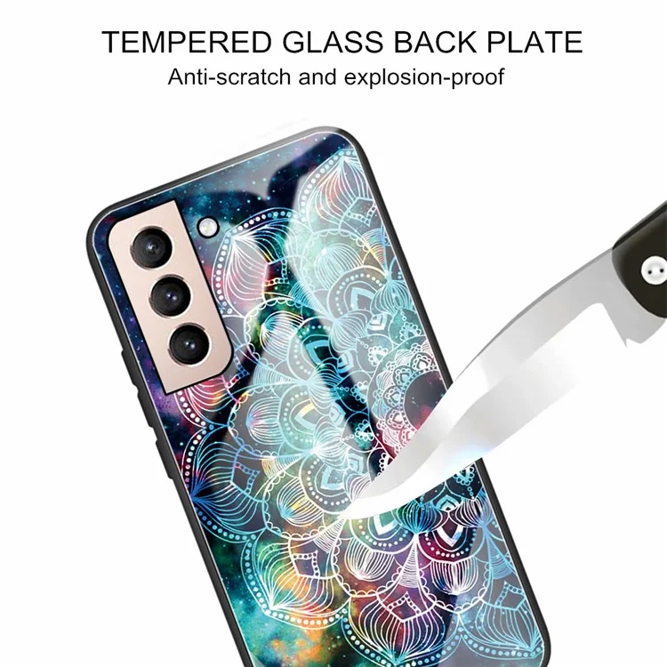 Shock Absorption Pattern Printing Tempered Glass Back + Side with Flexible Soft TPU Protection Cover for Samsung Galaxy S21 FE - Mandala Flower