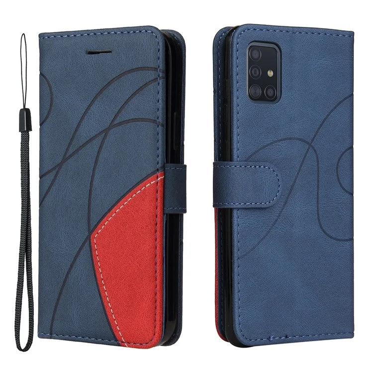 KT Leather Series-1 PU Leather Wallet Stand Phone Case Shell with Bi-color Splicing Design for Samsung Galaxy A51 4G SM-A515 - Bleu