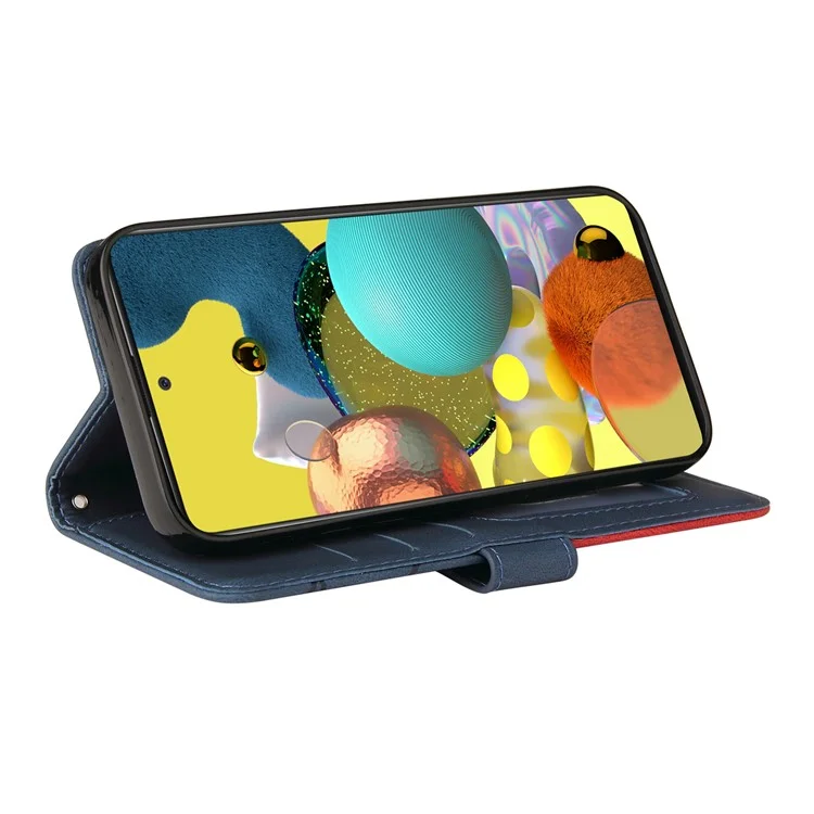 KT Leather Series-1 PU Leather Wallet Stand Phone Case Shell with Bi-color Splicing Design for Samsung Galaxy A51 4G SM-A515 - Bleu