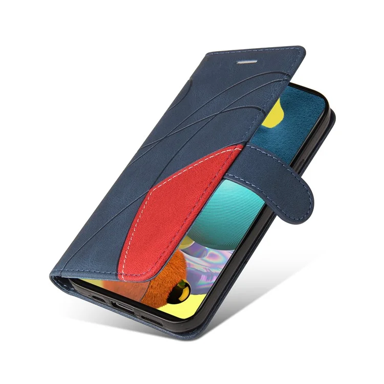 KT Leather Series-1 PU Leather Wallet Stand Phone Case Shell with Bi-color Splicing Design for Samsung Galaxy A51 4G SM-A515 - Bleu