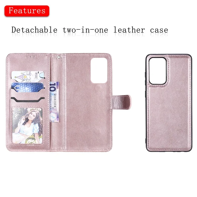 For Samsung Galaxy A52 4G / 5G / A52s 5G Case 2 in 1 Detachable Magnetic Leather Wallet Mobile Cover with Strap - Rose Gold